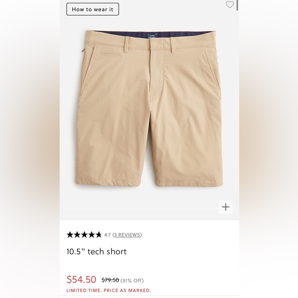 J. Crew Tech Shorts size 36, Length 10.5, 95% polyamide and 5% elastane